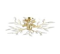 Happy Homewares Modern Brushed Gold Plated Branch Ceiling Light Fitting with Clear Acrylic Leaves | 15cm x 60cm | 4 x E14 Candle Bulbs