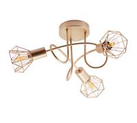 Happy Homewares Modern Champagne Satin Gold Ceiling Light Fitting with Twisting Arms and Three Cage Designer Shades |3 x 7w E14 | 25cm x 50cm