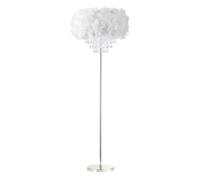 Modern and Chic Real White Feather Chandelier Style Floor Lamp with Waterfall Clear Acrylic Droplets | Chrome Metal Base and Stem by Happy Homewares