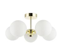 Happy Homewares Modern Chic Polished Gold Ceiling Light with Opal White Round Globe Glass Shades | 22cm x 46cm | 5 x 5w G9 | Class 1 Earth Required