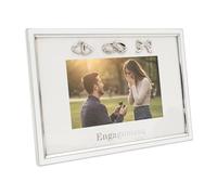 Happy Homewares Modern Engagement 4x6 Photo Frame in Nickel Plating with Double Rings Hearts and Bow | Clear Diamante Crystal | For Table or Wall