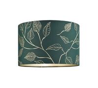 Happy Homewares Modern Forest Green Cotton Fabric Drum Lamp Shade with Gold Foil Floral Design | Inner Champagne Faux Silk Satin Fabric Lining | 30cm x 20cm