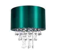 Modern and Eye-Catching Emerald Forest Green Satin Shimmer Fabric Pendant Light Shade with Hanging Transparent Acrylic Droplets | 30cm Diameter by Happy Homewares