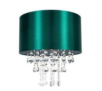 Happy Homewares Modern and Eye-Catching Emerald Forest Green Satin Shimmer Fabric Pendant Light Shade with Hanging Transparent Acrylic Droplets | 30cm Diameter