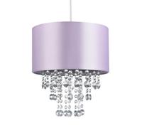 Modern and Eye-Catching Lilac Satin Fabric Pendant Light Shade with Hanging Transparent Acrylic Droplets | 30cm Diameter by Happy Homewares