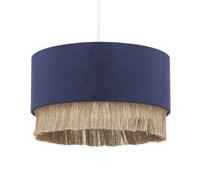 Modern Designer Dark Midnight Blue Soft Velvet Circular Pendant Lighting Shade with Dark Gold Hanging Tassels | 13cm x 30cm by Happy Homewares