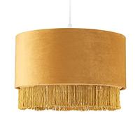 Happy Homewares Modern Ochre Mustard Soft Velvet Drum Pendant Lamp Shade with Tassels and Embroidered Trim | Inner Champagne Satin Lining | 16cm x 35cm