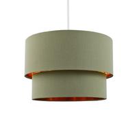 Modern and Trendy Olive Sage Green Cotton Fabric Double Tier Design Ceiling Pendant Lamp Shade with Shiny Copper Inner | 20cm x 30cm by Happy Homewares