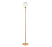 Happy Homewares Modern Satin Gold Standing Floor Lamp with Opal White Globe Glass Shade and Foot Switch Button | 170cm x 25cm | 1 x 11w