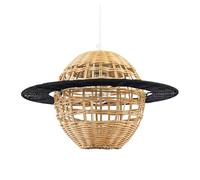 Happy Homewares Modern Saturn Planet Childrens Pendant Lighting Shade with Vintage Brown and Matte Black Rattan | 38cm x 24cm | Outer Flat Ring
