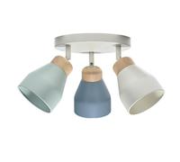 Happy Homewares Modern Scandinavian Styled Triple Spot Ceiling Light Fitting in Dove Grey and Dusk and Duck Egg Blue with Rubber Wood Trims | 16cm x 23cm
