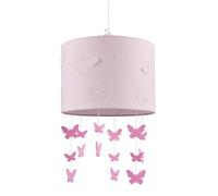 Happy Homewares Modern Soft Pink Cotton Fabric Childrens Ceiling Pendant Light Shade with Butterfly Cut Outs and Hanging 3D Icons | 25cm x 19cm