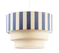 Modern Three Tier Linen Fabric Pendant Lighting Shade with Natural Oatmeal and Dusty Amparo Blue Stripes | 18cm x 28cm by Happy Homewares