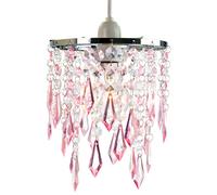 Modern Waterfall Design Easy Fit Pendant Shade with Clear/Pink Acrylic Droplets and Beads - Chrome Metal Rings - 16cm Diameter by Happy Homewares