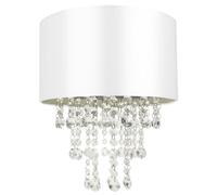 Happy Homewares Modern and Eye-Catching White Satin Fabric Pendant Light Shade with Hanging Transparent Acrylic Droplets | 30cm Diameter