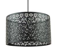 Unique Moroccan Designed Large Matte Black Metal Circular Pendant Light Shade with Laser Cut Floral Decor | 40cm Diameter by Happy Homewares