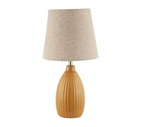 Happy Homewares Mustard Ceramic Etched Lined Table Lamp with Natural Oatmeal Linen Fabric Shade | 25cm Height | Inline Switch Button