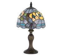 Happy Homewares Stylish Dark Purple Stained Glass Butterfly Tiffany Lamp with Amber Roses and Sky Blue Water Glass Strips | 35cm x 19cm | Bronze Metal Alloy Base with Inline Switch