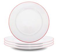 Happy Homewares Premium Set of 4 White Ceramic Dinner Plates with Elegant Thin Red Rim - Durable, Stylish Dinnerware for Modern Table Settings