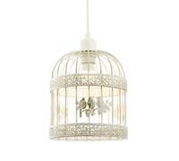 Happy Homewares Shabby Chic Brushed Cream and Gold Birdcage Pendant Shade with 3D Flowers and Birds | 23cm x 20cm | for Bedroom Dining Room Lounge etc
