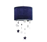 Happy Homewares Soft Navy Midnight Blue Velvet Pendant Lamp Shade with Hanging Felt Fabric Stars and Clouds | 30cm Diameter | Lovely Addition to Childrens Bedroom