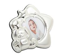 Star Shaped Silver Plated Baby Photo Frame with Teddy Bear and Decorative Stars, Silver