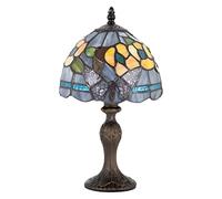 Happy Homewares Stylish Dark Purple Stained Glass Butterfly Tiffany Lamp with Amber Roses and Sky Blue Water Glass Strips | 35cm x 19cm | Bronze Metal Alloy Base with Inline Switch