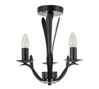 Happy Homewares Traditional 3-Arm Ceiling Light in Matte Black with Metal Leaves