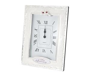 Happy Homewares Traditional 40th Anniversary Clock in White Epoxy with Silver Plated Roses and Red Diamante Crystals | Quartz Technology