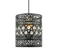 Traditional and Ornate Black Easy Fit Drum Pendant Light Shade with Transparent Acrylic Droplets | 20cm Diameter | Shabby Chic Style by Happy Homewares