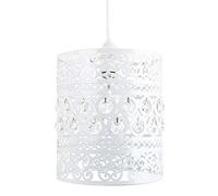 Traditional and Ornate White Easy Fit Drum Pendant Shade with Clear Acrylic Droplets | 20cm Diameter | Shabby Chic Style by Happy Homewares