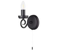 Traditional Style Matt Black Wall Light Fitting with Scroll Arm and Pull Switch, Black