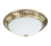 Happy Homewares Traditional Antique Brass Plated Flush Circular Ceiling Light Fitting with Opal Glass Diffuser | 2 x 40w E14 | 32cm Diameter