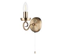 Happy Homewares Traditional and Vintage Antique Brass Wall Light Fitting with Scroll Arm and Pull Switch | SES 60w Maximum | 17cm x 14cm x 12cm