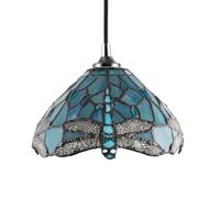 Happy Homewares Traditional Dragonfly Themed Emerald Green Stained Glass Tiffany Pendant Lamp Shade with Blue and Clear Beads | 20cm x 14cm | 40w Maximum