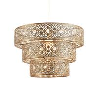 Happy Homewares Traditional Polished Gold Acrylic Gem Moroccan Style Triple Tier Ornate Pendant Light Shade with Transparent Sparkly Beads | 60w Maximum | 30cm Diameter