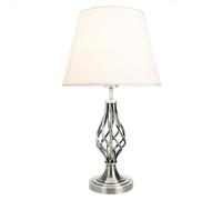 Happy Homewares Traditional Satin Nickel Table Lamp with Barley Twist Metal Base and Ivory White Linen Shade | 60w Maximum | Ideal for Bedside Lamps