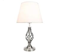 Happy Homewares Traditional Satin Nickel Table Lamp with Barley Twist Metal Base and Ivory White Linen Shade | 60w Maximum | Ideal for Bedside Lamps