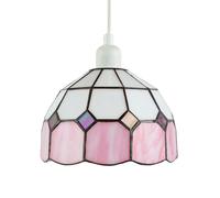 Traditional Soft Pink and Opal White Tiffany Glass Pendant Lighting Shade | 20cm x 14cm | Dichroic Diamond Shaped Insets by Happy Homewares