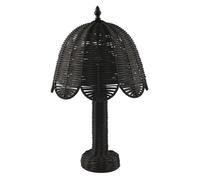 Happy Homewares Traditional Vintage Washed Black Woven Rattan Table Lamp with Scallop Shade and Inline Switch | 43cm x 25cm