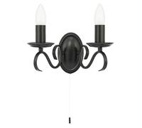 Happy Homewares Traditional Wall Light Fitting with Pull Switch and Matte Black Scroll Arms and Sconces | 26cm x 15cm x 12cm | 2 x 7w E14 Candle