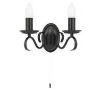 Happy Homewares Traditional Wall Light Fitting with Pull Switch and Matte Black Scroll Arms and Sconces | 26cm x 15cm x 12cm | 2 x 7w E14 Candle