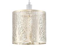 Happy Homewares Unique and Beautiful Brushed Gold Metal Forest Design Ceiling Pendant Shade When Lit The Light Escapes Through The Gaps and Casts The Forest Against The Walls and Ceiling