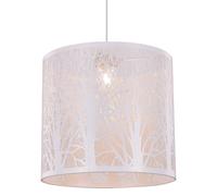 Happy Homewares Unique and Beautiful Matt White Metal Forest Design Ceiling Pendant Shade When Lit The Light Escapes Through The Gaps and Casts The Forest Against The Walls and Ceiling