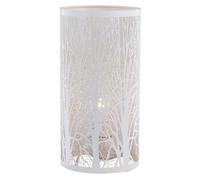 Happy Homewares Unique and Beautiful Matt White Metal Forest Design Table Lamp with Cable Switch When Lit The Light Escapes Through The Gaps and Casts The Forest Against The Table