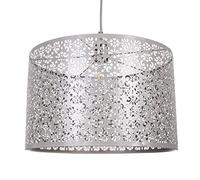 Happy Homewares Unique Moroccan Designed Large Matt Grey Metal Circular Pendant Light Shade with Floral Decor | 40cm Diameter | Maximum 60watt Bulb Allowed