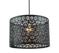 Happy Homewares Unique Moroccan Designed Matte Black Metal Circular Pendant Light Shade with Floral Decor | 30cm Diameter | Maximum 11watt LED Allowed