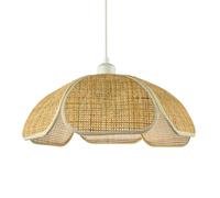 Vintage Art Deco Rattan Pendant Shade with Cream Cotton Fabric Trims | Fan Style with 6 Segments | 40cm x 16cm by Happy Homewares