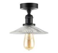 Happy Homewares Vintage Design Matte Black Ceiling Light Fitting with Fluted Rippled Clear Glass | 16cm x 21cm | Showcase Filament Style Light Bulbs