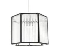 Happy Homewares Vintage Industrial Metal Lantern Pendant Lighting Shade in Matte Black with Clear Ribbed Glass Panels | 26cm x 21cm